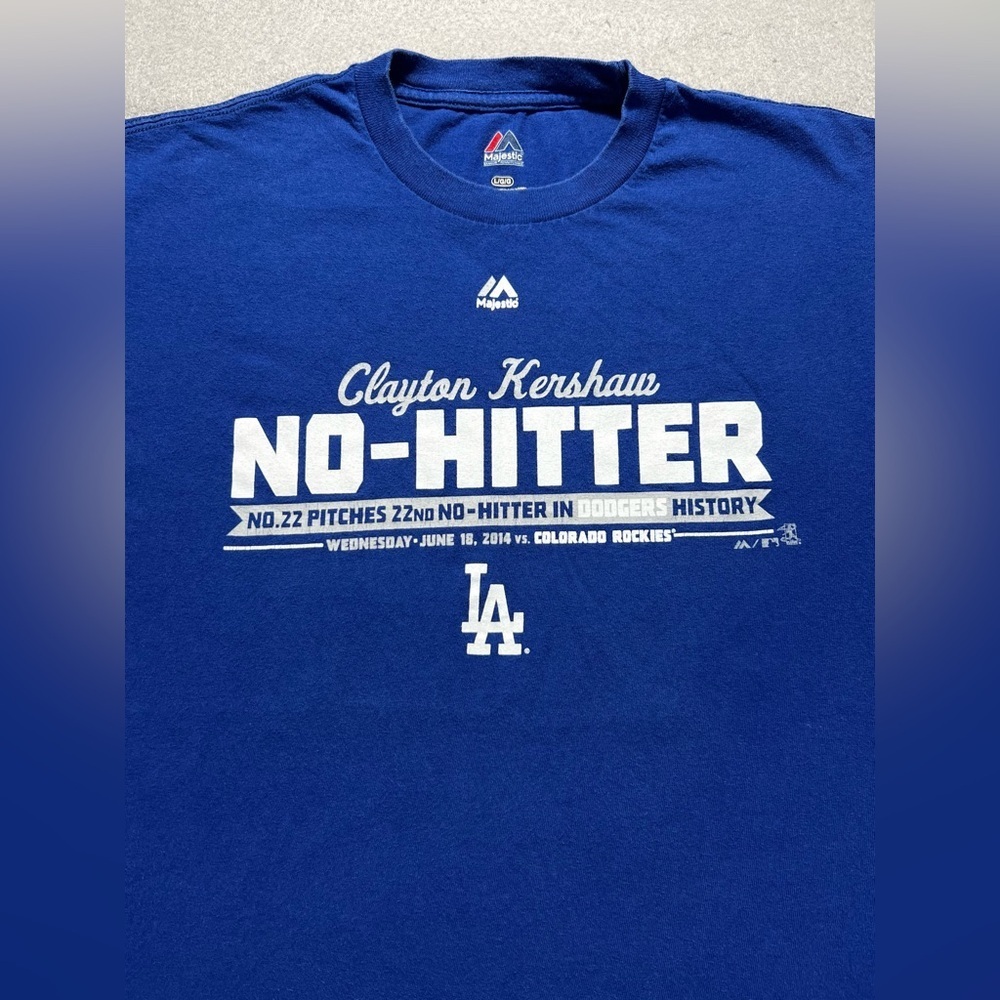 Los Angeles Dodgers T-Shirt Men's Large Blue MLB Clayton Kershaw No-Hitter 2014 - Picture 2 of 6